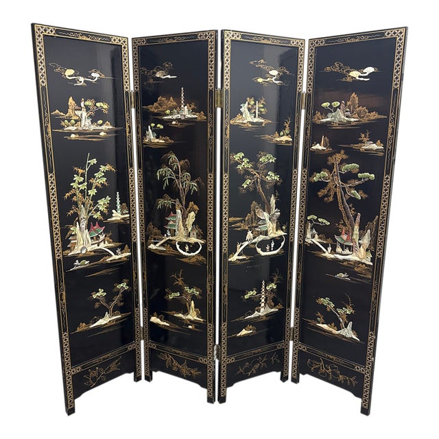 Chinoiserie Black Lacquer Four-Panel Folding Screen, Vintage For Sale