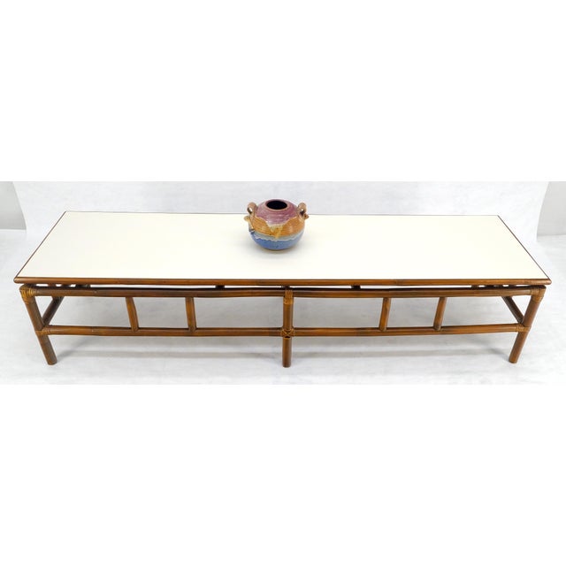 Mid Century c1970s Rattan Bamboo White Formica Top 72” Long Coffee Table MINT For Sale - Image 13 of 15