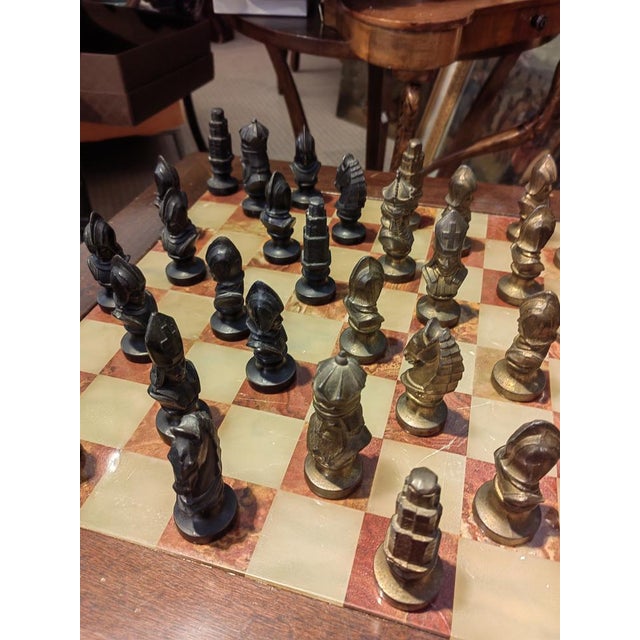 Rosewood Chess Table with Marble Top and Chess Set in Brass and Bronze, 1930s For Sale - Image 10 of 15