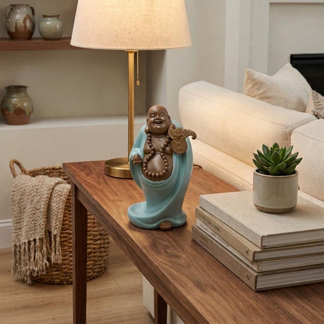 1990s Joyful Laughing Buddha Light Celadon Robe Ceramic Coin Bat Ru Yi Figure For Sale - Image 5 of 13