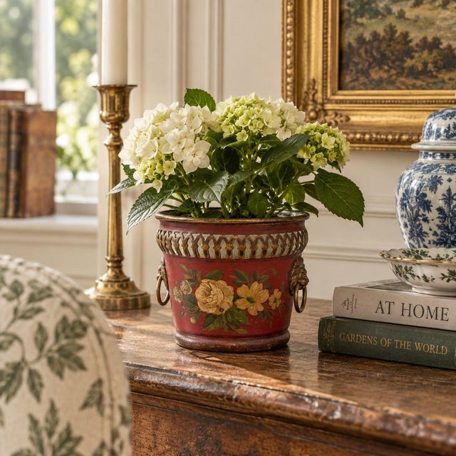 A wonderfully charming early 20th century French tole cachepot finished in a rich cinnabar red with delicate gilt...