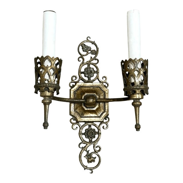 Antique 1920s Signed Oscar Bach Cast Brass Two Arm Wall Sconce For Sale