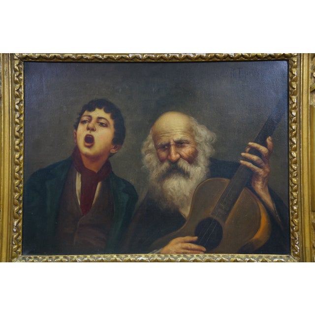 20thC Italian Oil Painting "Street Singer" R. Figarios Boy Guitarist Gilt Framed For Sale - Image 6 of 13