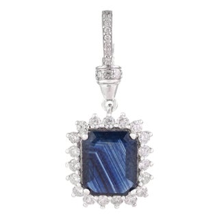 Art Deco 3.32ct Emerald-Cut Blue Sapphire Diamond Halo Pendant in 14k Gold For Sale