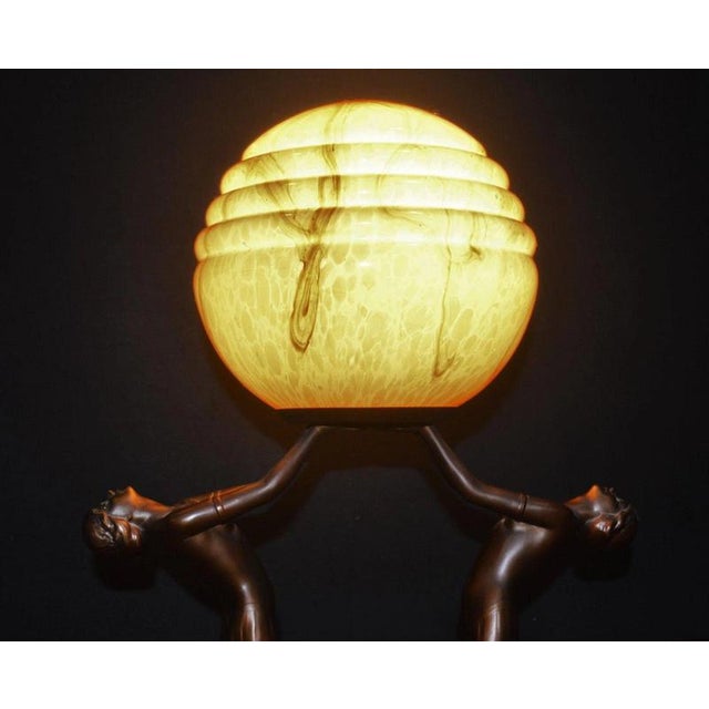 Art Deco French Figural Dancer Table Lamp with Marble Base and Glass Globe, 1930 For Sale - Image 16 of 18