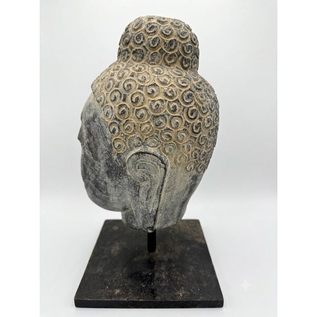 Contemporary Vintage Asian Modern Carved Rock Buddha Head Sculpture on Industrial Iron Stand For Sale - Image 3 of 5