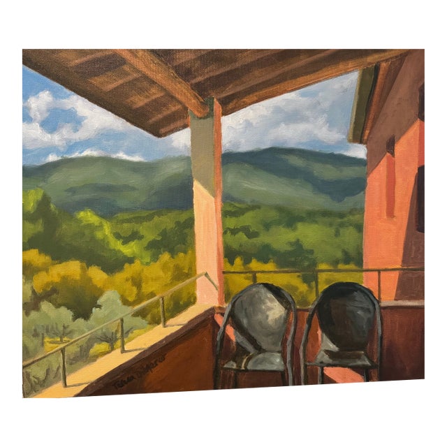 Contemporary Oil Painting "Porch Chairs, Montestigliano, Tuscany" by Teresa DiMarco For Sale
