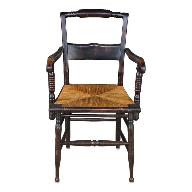 Antique 19th Century Early American Hitchcock Style Mahogany Caned Arm Chair For Sale