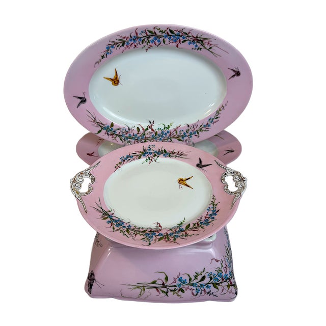 Antique French Large Floral & Butterfly Pink Limoges Porcelain Oval Platter For Sale - Image 4 of 6