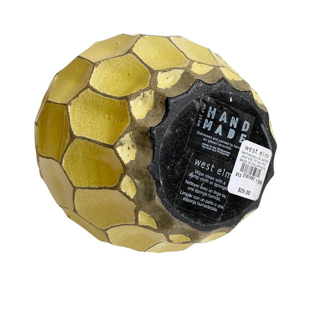 Ceramic Textured Honeycomb Vase – Distressed Yellow Crackle Glaze Pottery - 11.5" Tall West Elm For Sale - Image 7 of 8