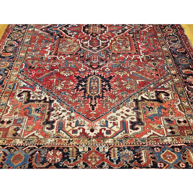 Persian Vintage Persian Heriz Rug, Hand-Knotted Wool, Geometric Medallion Pattern, Red & Navy, 9x12 For Sale - Image 3 of 18