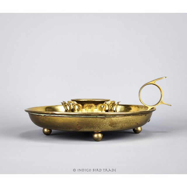 American Antique Oversized Solid Brass Candle Holder With Drip Tray and Handle For Sale - Image 3 of 5