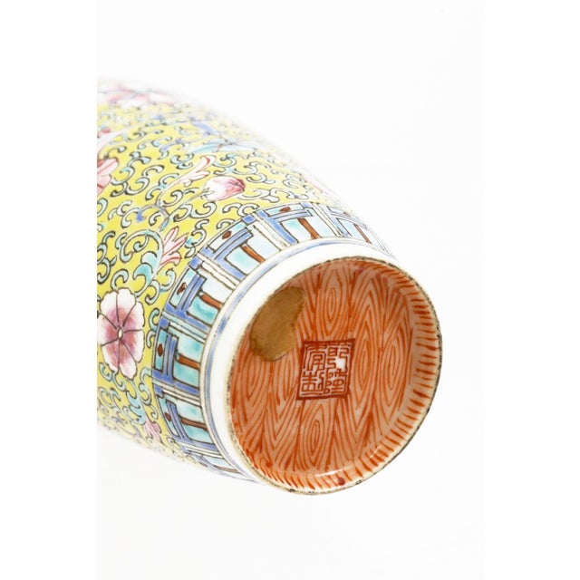 Vintage Traditional Chinese Porcelain Vase 9" Yellow, Pink & Blue Floral Design For Sale In Detroit - Image 6 of 7