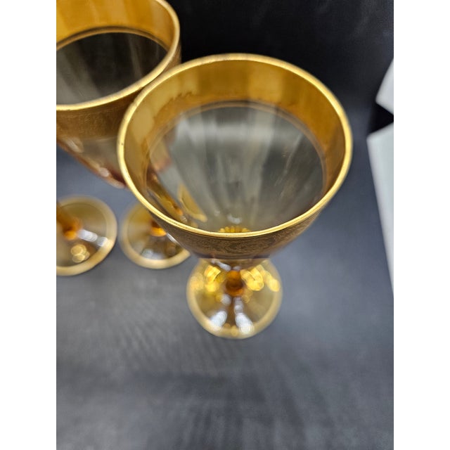 vintage cordial glasses produced by Tiffin-Franciscan in the Rambler Rose Amber (Stem 14196) pattern.