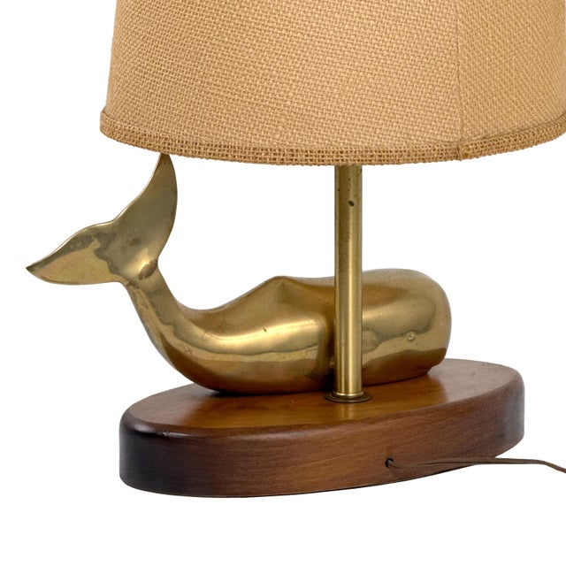 Vintage 1970s Brass Whale Table Lamp W/ Walnut Wood Base & Grasscloth Shade For Sale - Image 10 of 18