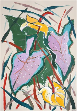 2025, Botanic Painting of Pink Elephant Ear Leaves, Acrylic Painting and Oil Crayon on Watercolor Paper by Romina Milano