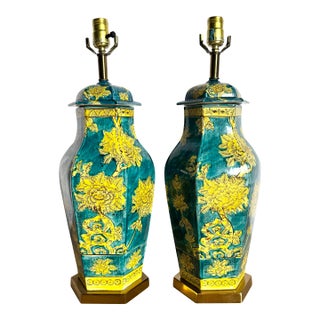 Chinoiserie Blue and Yellow Porcelains Table Lamps - A Pair For Sale