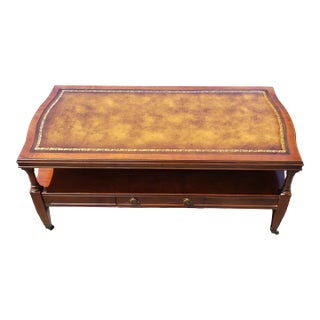 1958 Hollywood Regency Mahogany Tooled Leather Top and Gilt Stencil Coffee Table For Sale