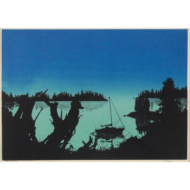 Lone Boat At Dusk - Serigraph Print Original serigraph depicting a landscape scene with contrasts of black, blue and...