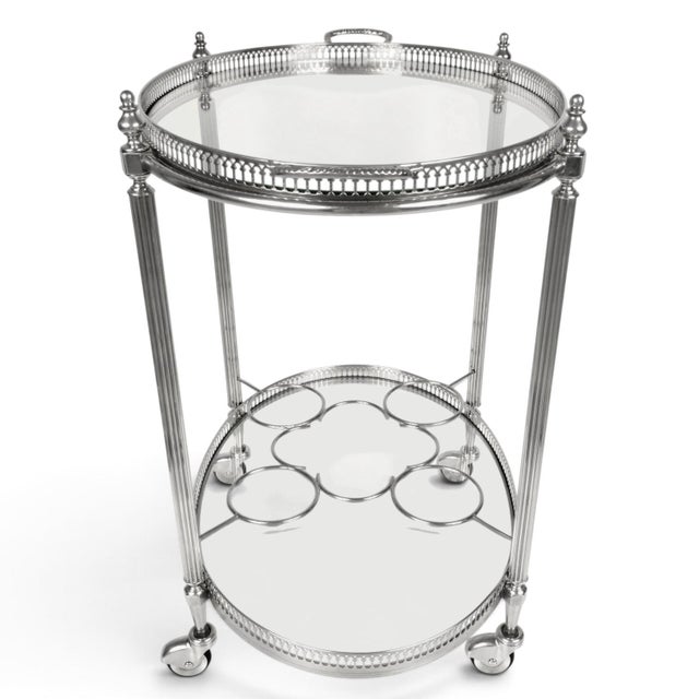 Silver Vintage French Neoclassical Chrome Plated and Brass Drinks Trolley with Serving Tray, 1950s For Sale - Image 8 of 18