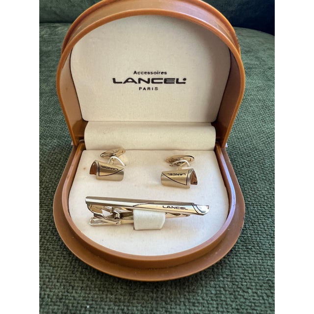 Rare Vintage “Lancel” Paris Gold Plate & Steel Cufflinks & Tie Bar Original Case For Sale - Image 9 of 10