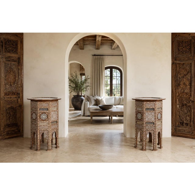 An exceptional pair of large antique Ottoman Moorish pedestal tables, handcrafted in Turkey during the late 19th century,...