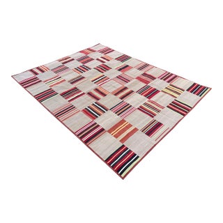 Handwoven Cotton Area Rug Vegetable Dyed Beige and Red Tile Patterned Dhurrie - 8'x10' For Sale