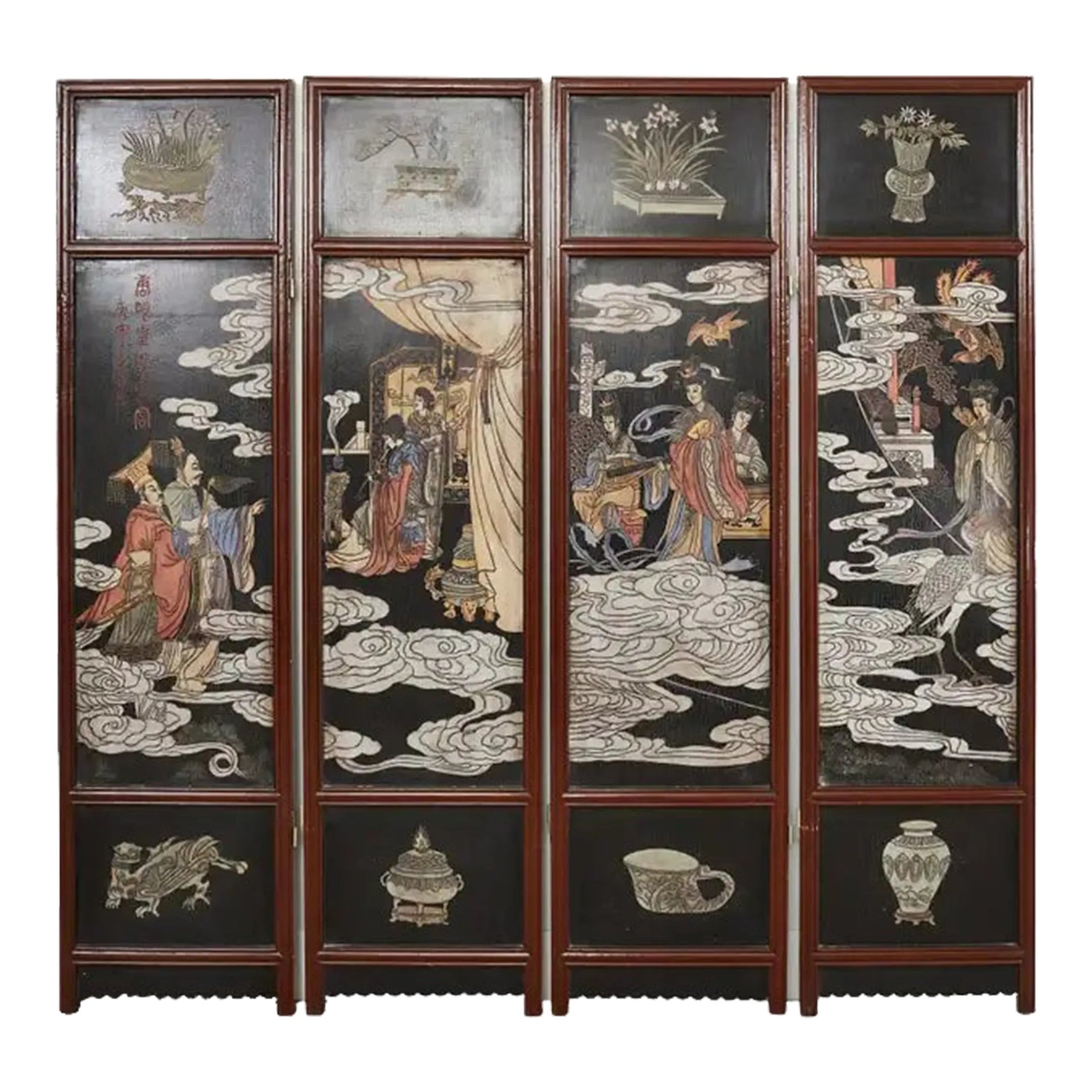 Chinese Export Four Panel Lacquered Coromandel Screen | Chairish