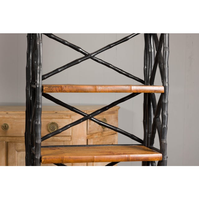 Midcentury Tall French Black and Brown Faux Bamboo Shelves, a Pair For Sale - Image 11 of 12