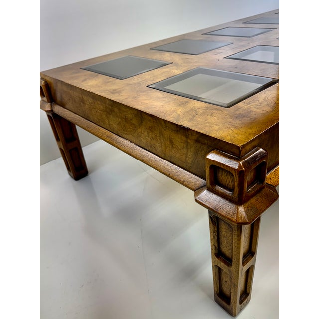 Italian Burl Wood Coffee Table in the Manner of Milo Baughman With Inset Glass Panels, 1970s For Sale - Image 12 of 14
