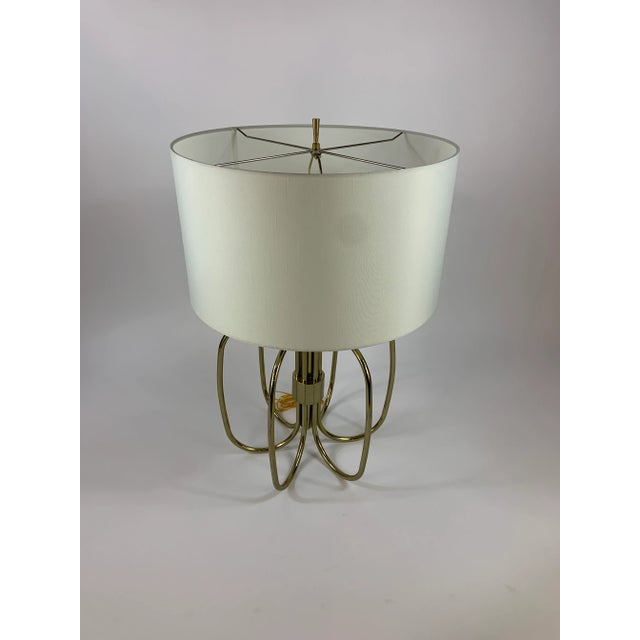 Lamp measures 17" wide, 31" high with finial, 20" wide with shade. Shade is 11.5" high x 20" wide. Rewired with gold cord,...