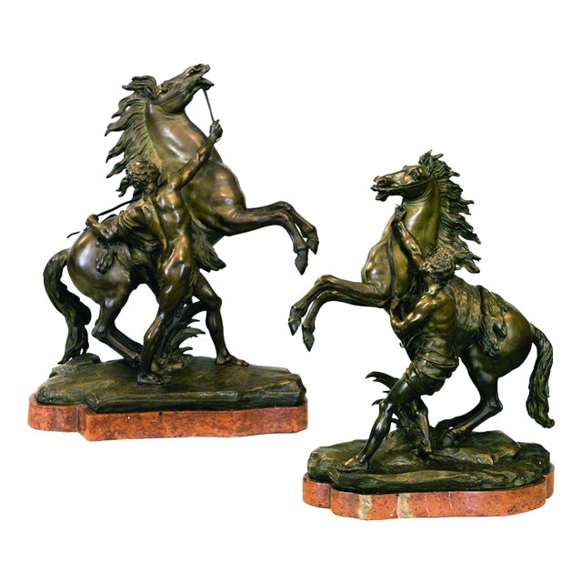 After Guillaume Coustou the Elder, The Marly Horses, France, 19th Century, Bronze and Marble, Set of 2 For Sale