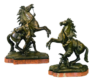 After Guillaume Coustou the Elder, The Marly Horses, France, 19th Century, Bronze and Marble, Set of 2
