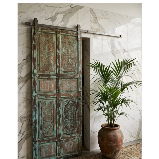 Vintage Hand-Carved Door Panel in Distressed Green | Rustic Farmhouse Architectural Statement 96 For Sale - Image 4 of 5
