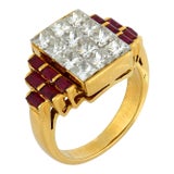 Vintage 1.50 Carat Princess Cut Diamond Ruby Ring, Size 4.75 For Sale