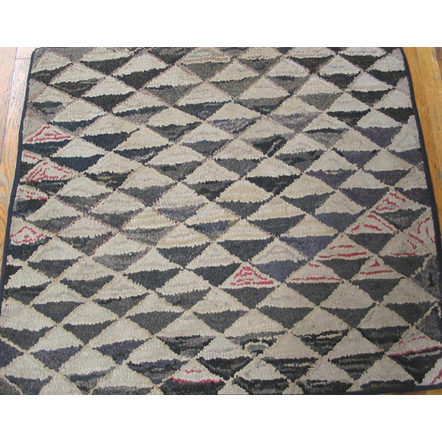 Late 19th Century 1880s Gray Diamond Folk Art Antique American Hooked Rug 3'9" X 3'4" Handknotted Wool Carpet For Sale - Image 5 of 5