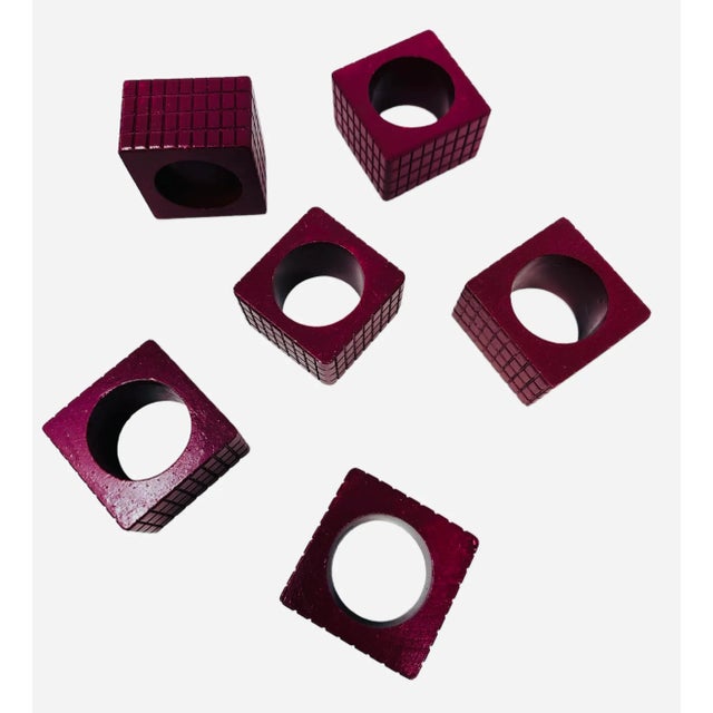 Art Deco Vintage Magenta Square Embossed Plastic Napkin Rings - a Set of 6 For Sale - Image 3 of 8