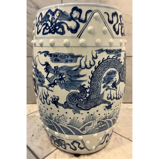 Mid 20th Century Blue & White Chinese Dragon Garden Stool Side Tables - A Pair For Sale - Image 12 of 15