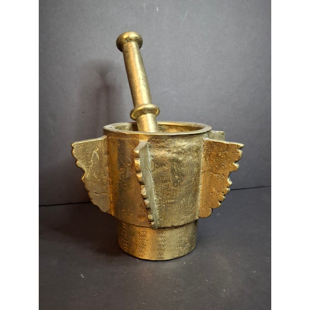 Museum Antique Heavy 18lb Bronze Mortar and Pestle Ribbed Fins Suspension Ring Judaica Sourced J Greenstein For Sale - Image 17 of 18