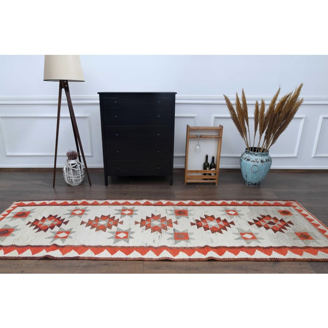 1970s Vintage Handmade Wool Cotton Beige Orange Runner Rug For Sale - Image 9 of 11