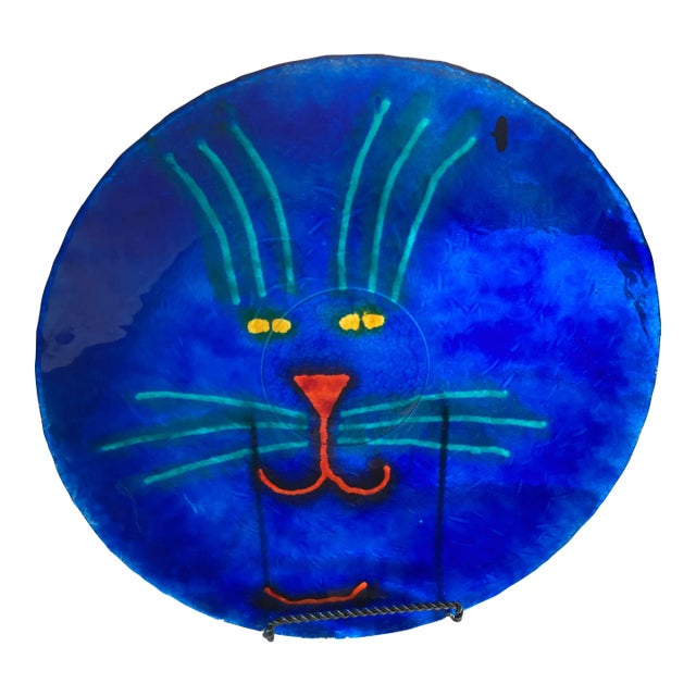 2000s Cobalt Blue Decorative Cat Plate by Jan Steninge Slott For Sale