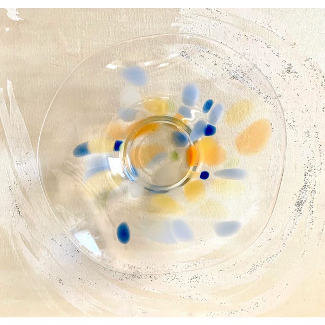 Early 21st Century Modern Clear Glass Centerpiece Bowl With Yellow and Blue Design For Sale - Image 5 of 6