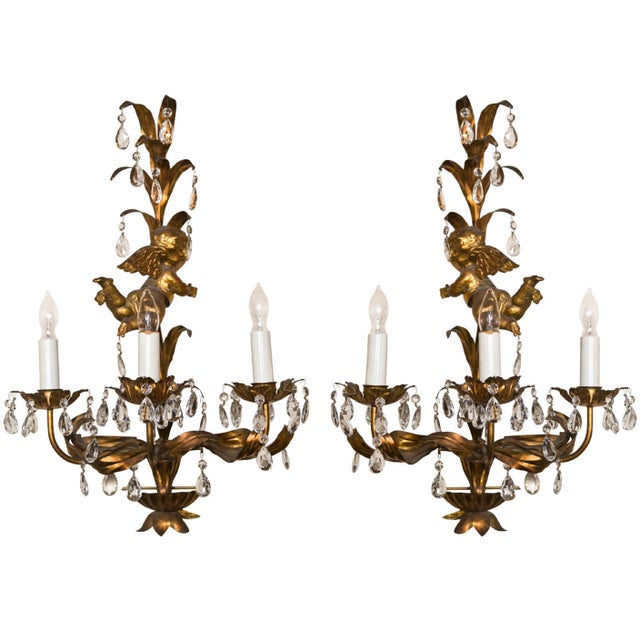 French Gilt-Brass 3-Light Wall Sconces - A Pair For Sale