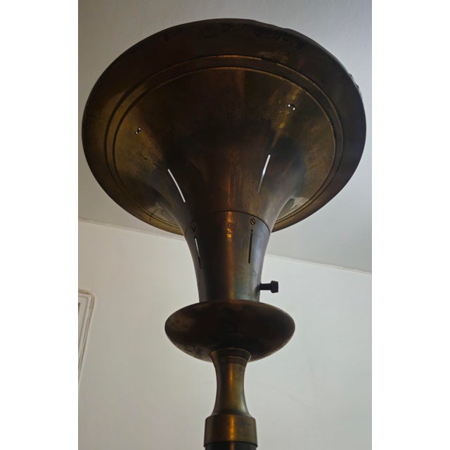 Brass 1930s Art Deco Torchiere Brass Trumpet Shade Floor Lamp For Sale - Image 8 of 12