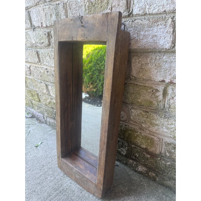 Wood Mid 20th Century Rustic Solid Wooden Wall Hanging Mirror For Sale - Image 7 of 17