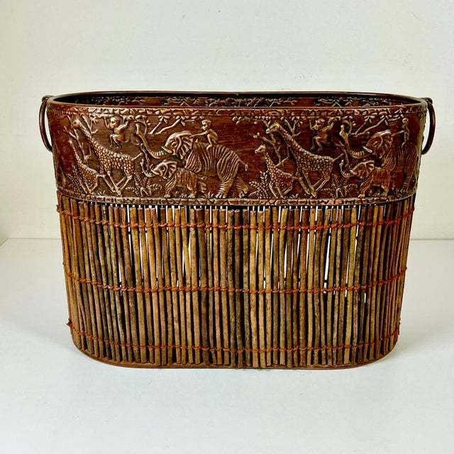 1980s Vintage Boho Chic Safari Coastal Tole Elephant, Monkey & Giraffe Faux Wood Bamboo Wastebasket For Sale - Image 11 of 16
