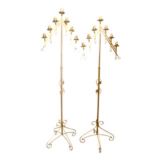 Pair Vintage Adjustable Gold Painted Wrought Iron / Metal Floor Candelabra's - 7 Holders in Each For Sale