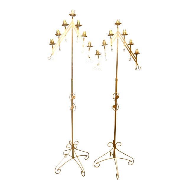 Pair Vintage Adjustable Gold Painted Wrought Iron / Metal Floor Candelabra's - 7 Holders in Each For Sale