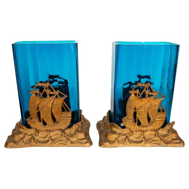 Cerulean Antique American Art Deco Brass Glass Vases Ship Bookends Bradley & Hubbard 1925 For Sale - Image 8 of 13