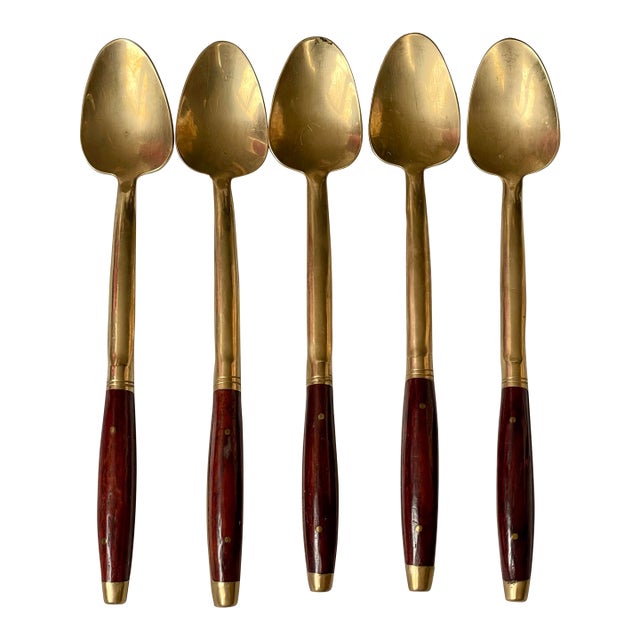 Mid 20th Century Set of 5 Rosewood & Brass Ice Iced Tea Drink Spoons Flatware For Sale